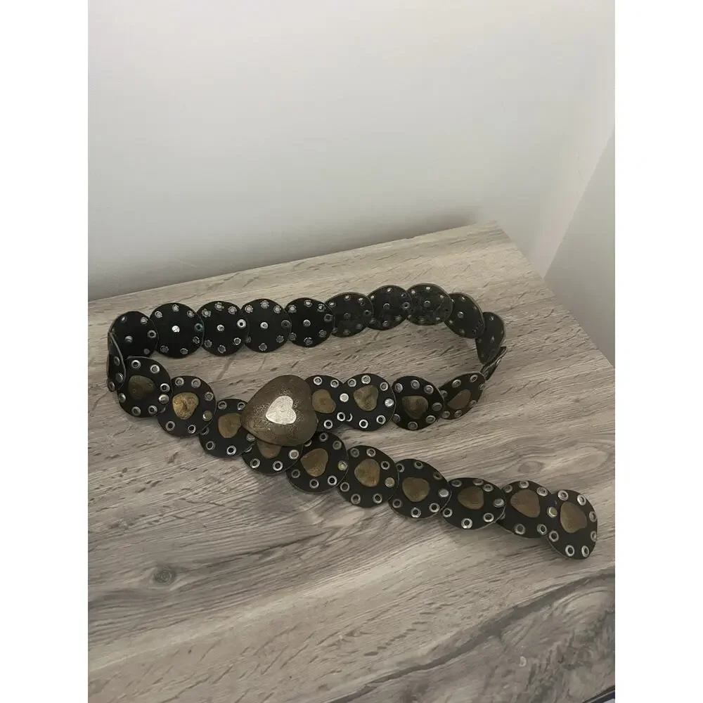 Putcuku Disc Belt Black Leather Heart Concha Metal Bohemian Western